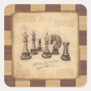 Vintage Chessboard & Chess Pieces, Player Gift Square Sticker