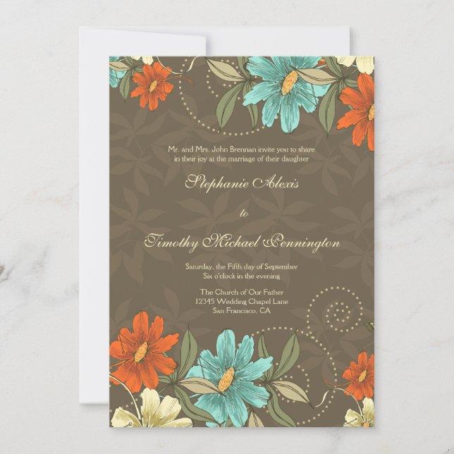 Vintage chic aqua orange cream wedding invitation (Front)
