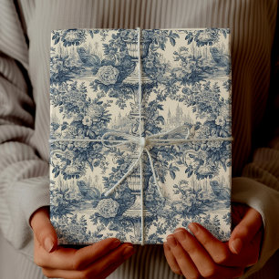 Vintage Chic Blue Floral Toile de Jouy Wrapping Paper