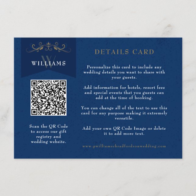 Vintage Chic Blue QR Code Wedding Card Insert (Front)