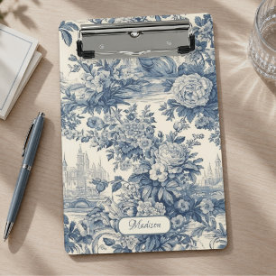 Vintage Chic Blue Toile de Jouy Floral Monogram Mini Clipboard