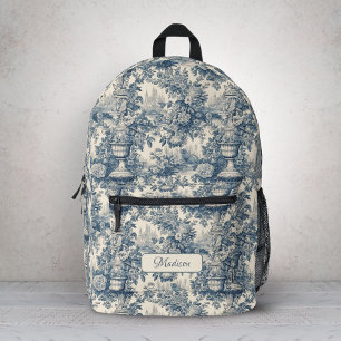 Vintage Chic Blue Toile de Jouy Floral Monogram Printed Backpack