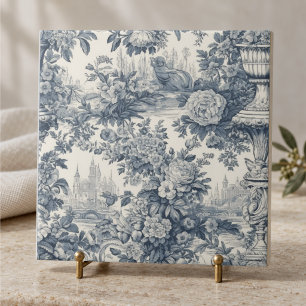 Vintage Chic Blue Toile Floral Monogram Tile