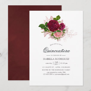 Vintage Chic Blush and Burgundy Floral Quinceañera Invitation