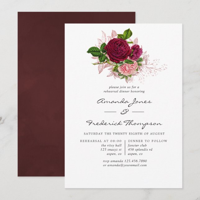 Vintage Chic Blush and Burgundy Rehearsal Dinner Invitation (Front/Back)