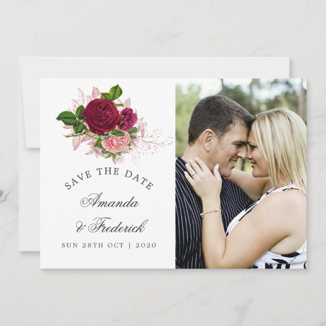 Vintage Chic Blush and Burgundy Save the Date (Front)