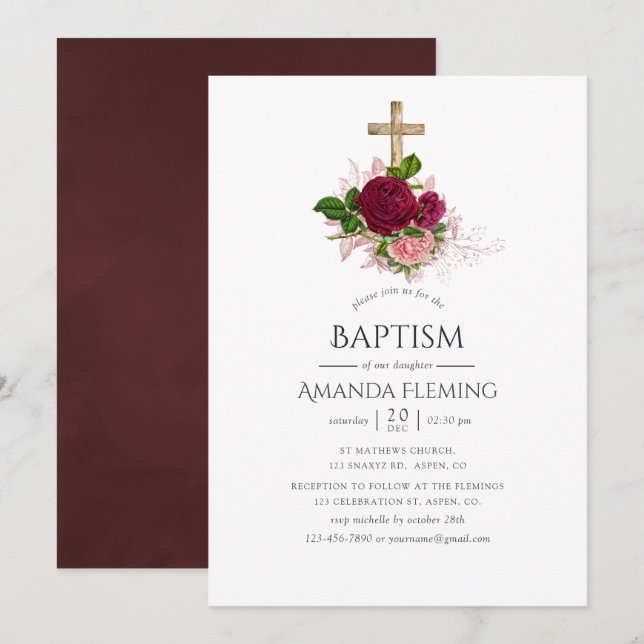 Vintage Chic Blush & Burgundy Baptism/Christening Invitation (Front/Back)