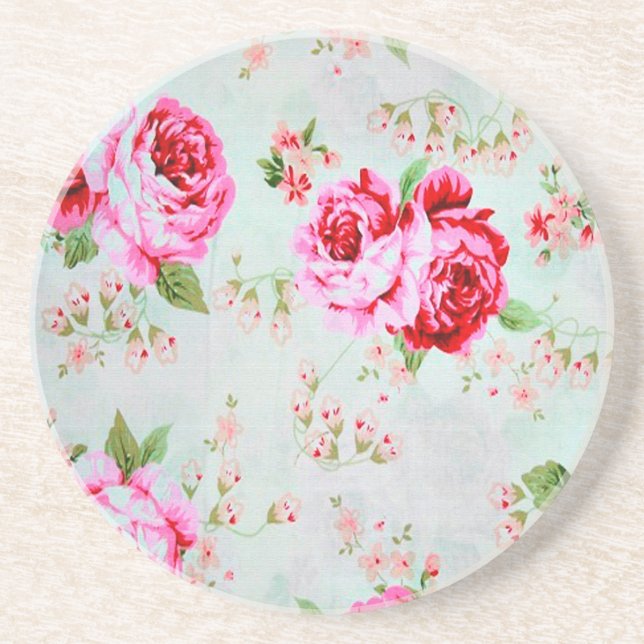 Vintage Chic Cottage Pink Rose Floral Coaster (Front)