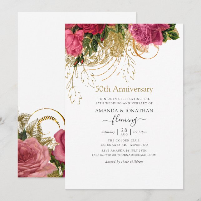 Vintage Chic Floral 50th Wedding Anniversary Invitation (Front/Back)