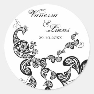 Vintage Chic Floral Black Peacock Bohemian Wedding Classic Round Sticker
