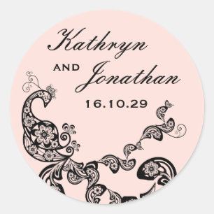 Vintage Chic Floral Black Peacock Bohemian Wedding Classic Round Sticker