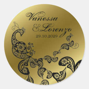 Vintage Chic Floral Black Peacock Bohemian Wedding Classic Round Sticker