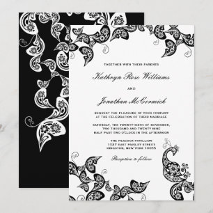 Vintage Chic Floral Black Peacock Wedding Invite