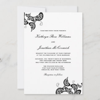 Vintage Chic Floral Black Peacock Wedding Invite