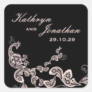 Vintage Chic Floral Pink Peacock Bohemian Wedding Square Sticker