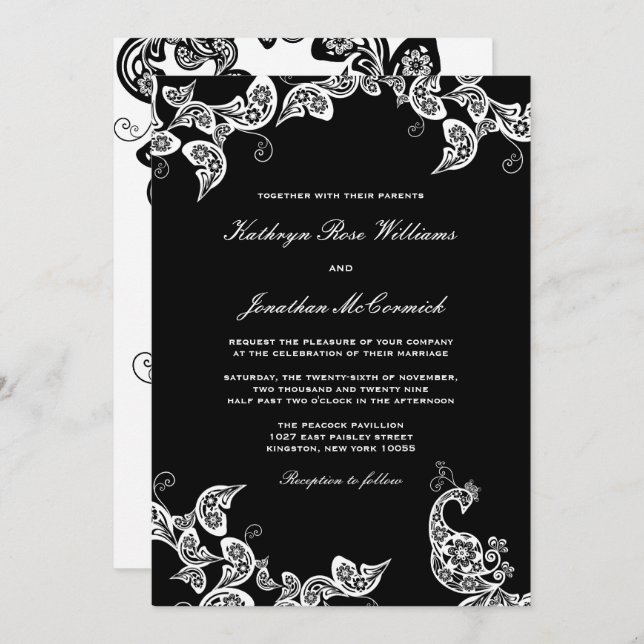 Vintage Chic Floral White Peacock Wedding Invite (Front/Back)