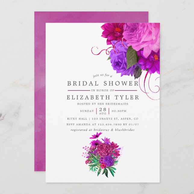 Vintage Chic Fuchsia and Purple Bridal Shower Invitation (Front/Back)