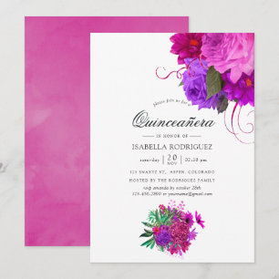 Vintage Chic Fuchsia and Purple Floral Quinceañera Invitation