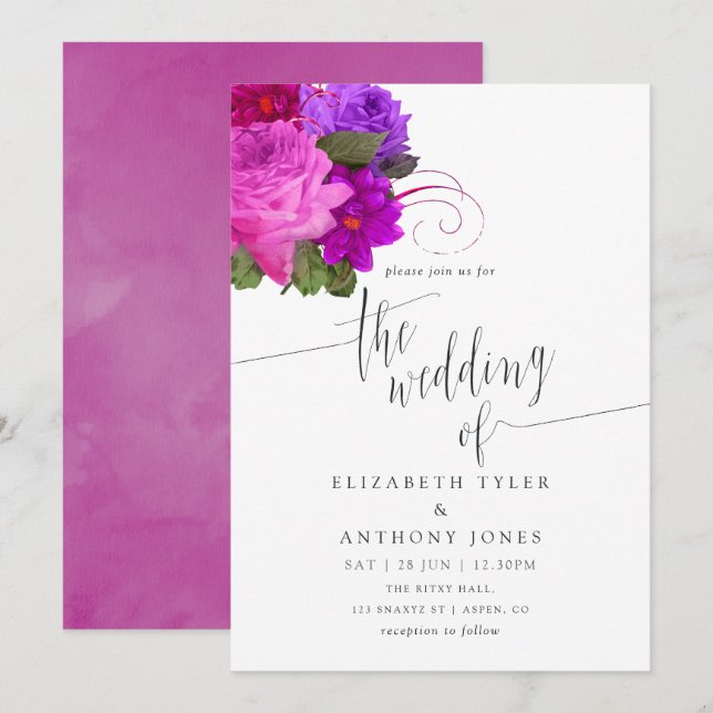 Vintage Chic Fuchsia and Purple Wedding Invitation (Front/Back)