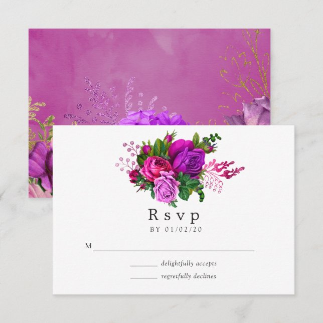 Vintage Chic Fuchsia and Purple Wedding RSVP Card (Front/Back)