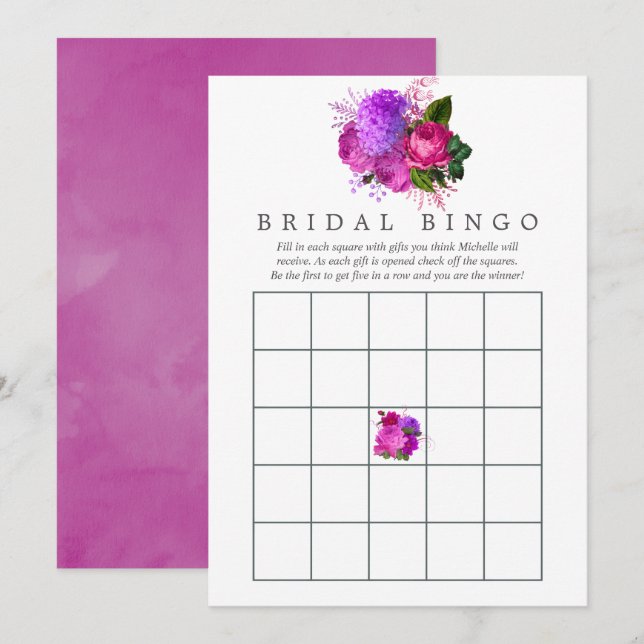 Vintage Chic Fuchsia & Purple Bridal Shower Bingo Invitation (Front/Back)