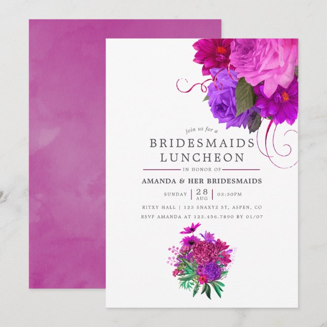 Vintage Chic Fuchsia & Purple Bridesmaids Luncheon Invitation (Front/Back)