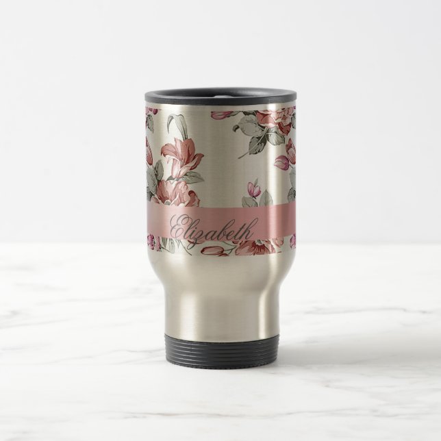 Vintage Chic Girly  Flowers-Personalised Travel Mug (Center)