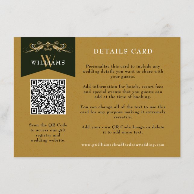 Vintage Chic Gold QR Code Wedding Card Insert (Front)