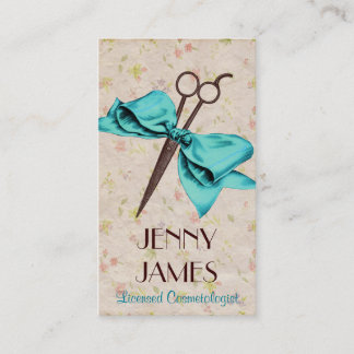 vintage chic hair stylist blue bow floral shears business card