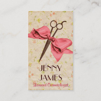 vintage chic hair stylist pink bow floral shears business card