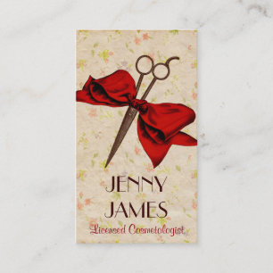 vintage chic hair stylist red bow floral shears business card