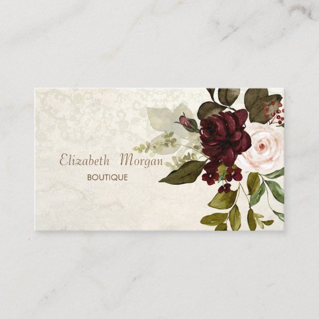 Vintage Chic Lace Burgundy Flowers Business Card (Front)