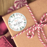 Vintage Chic Merry Christmas Trees BLUE & Green Classic Round Sticker<br><div class="desc">This vintage Christmas Trees Circle set of stickers with "Merry Christmas! Love, The [Family Name], and year, features trendy blush pink & sage green design with ice blue background, and is the perfect winter wonderland sticker to add to your card envelopes, gift bags, cookie boxes, wrapped presents this Holiday season!...</div>