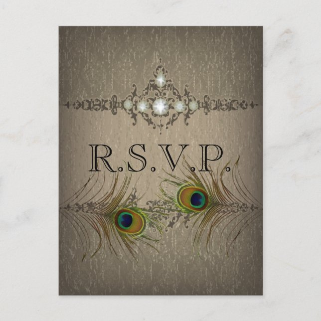 Vintage chic peacock wedding RSVP invitation (Front)