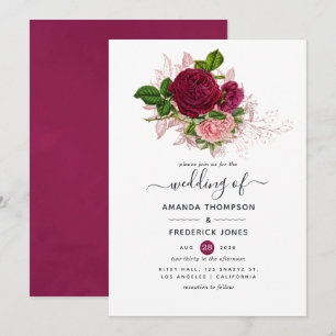 Vintage Chic Pink and Burgundy Floral Wedding Invitation