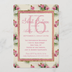 Vintage Chic Pink Floral Sweet 16 Invitations