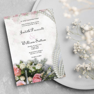 Vintage chic pink white rose floral Wedding Invitation