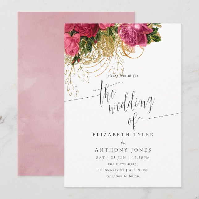 Vintage Chic Rose Gold & Blush Wedding Invitation (Front/Back)