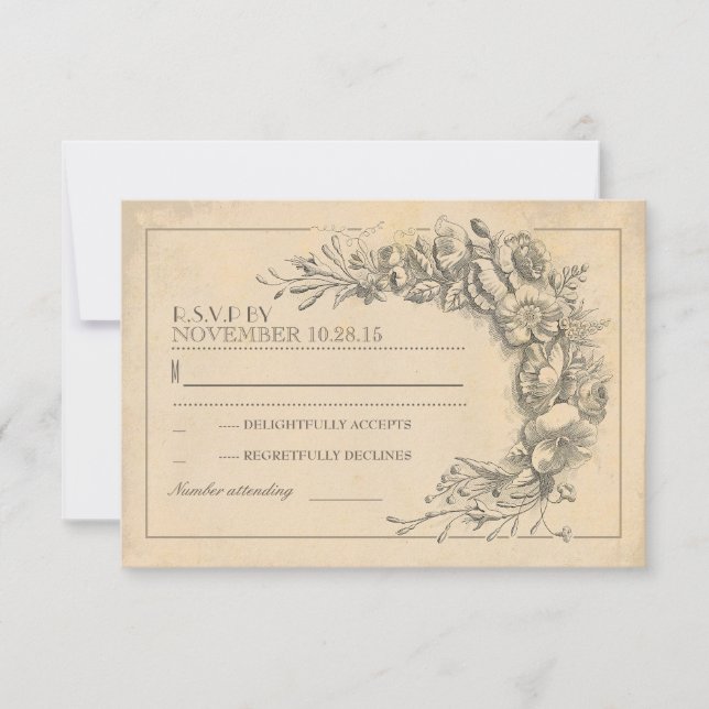 Vintage chic wedding RSVP with flowers (Front)