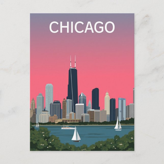 Vintage Chicago City Skyline Travel Postcard (Front)
