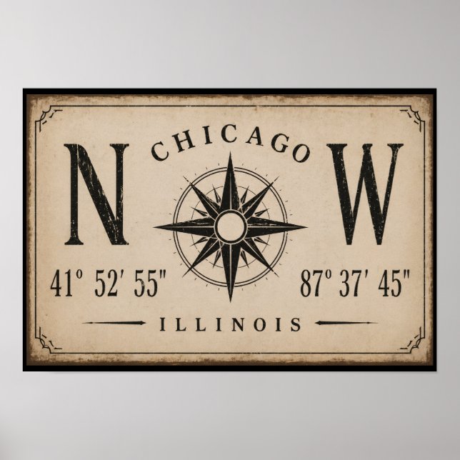 Vintage Chicago Coordinates Wall Art (Front)