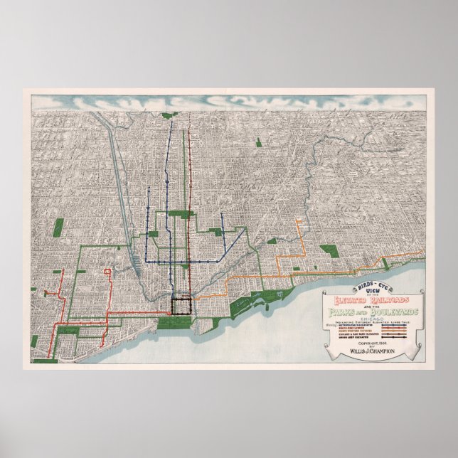 Vintage Chicago Elevated Railways Map (1908) Poster (Front)