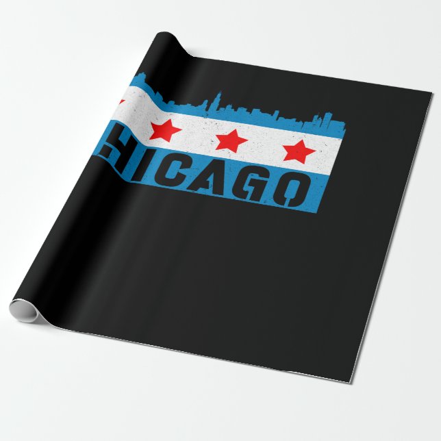 Vintage Chicago Flag Skyline Wrapping Paper (Unrolled)