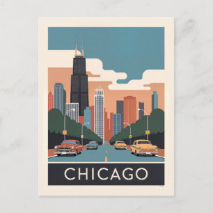 Vintage Chicago Illinois City Skyline Cars Travel Postcard