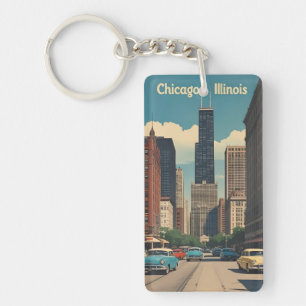 Vintage Chicago Illinois City Skyline Retro Travel Key Ring