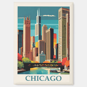 Vintage Chicago Illinois City Skyline Retro Travel Magnet