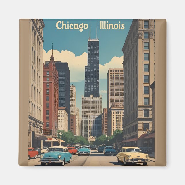 Vintage Chicago Illinois City Skyline Retro Travel Magnet (Front)
