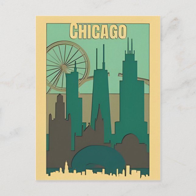 Vintage Chicago Illinois City Skyline Retro Travel Postcard (Front)