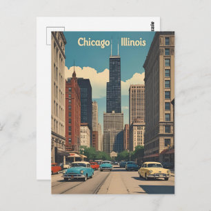 Vintage Chicago Illinois City Skyline Retro Travel Postcard