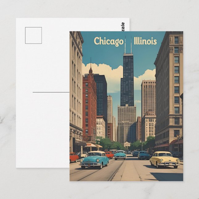 Vintage Chicago Illinois City Skyline Retro Travel Postcard (Front/Back)